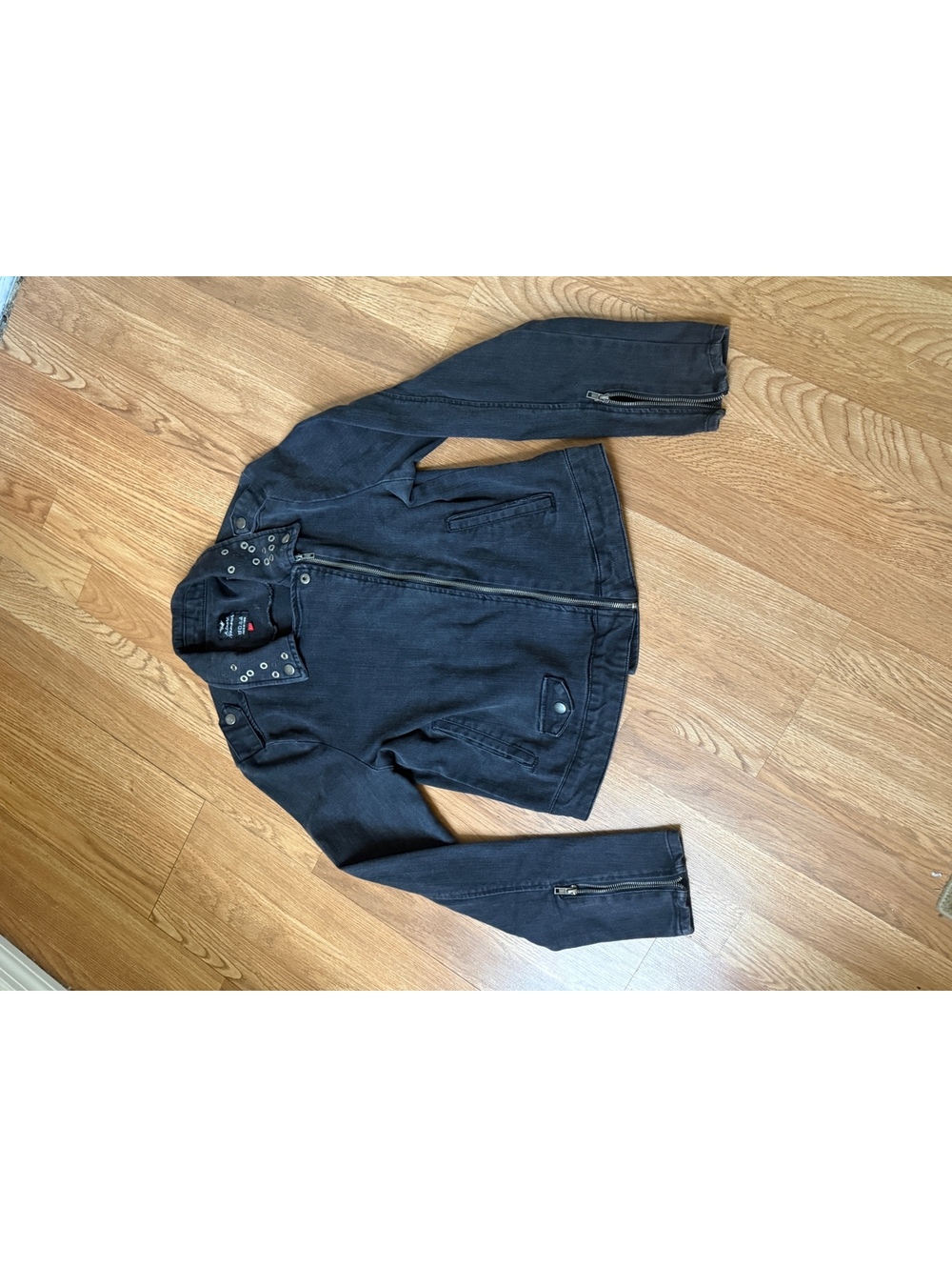 Almost Famous Black Denim Moto Jacket with Eyelet Detail, Size L